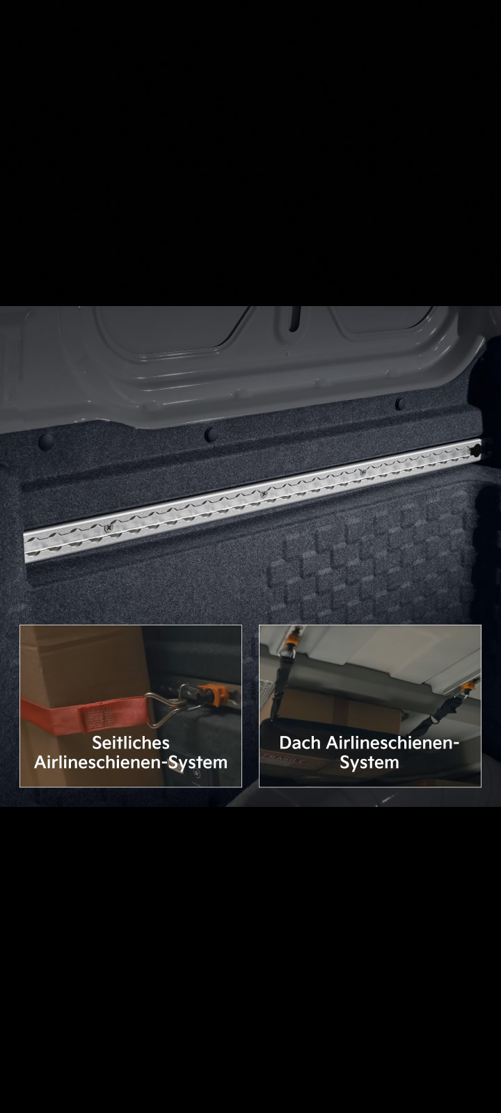 Nahaufnahme der Airlineschiene im Kia PV5 Cargo mit eingeblendeten Beispielen befestigter Gegenstände.